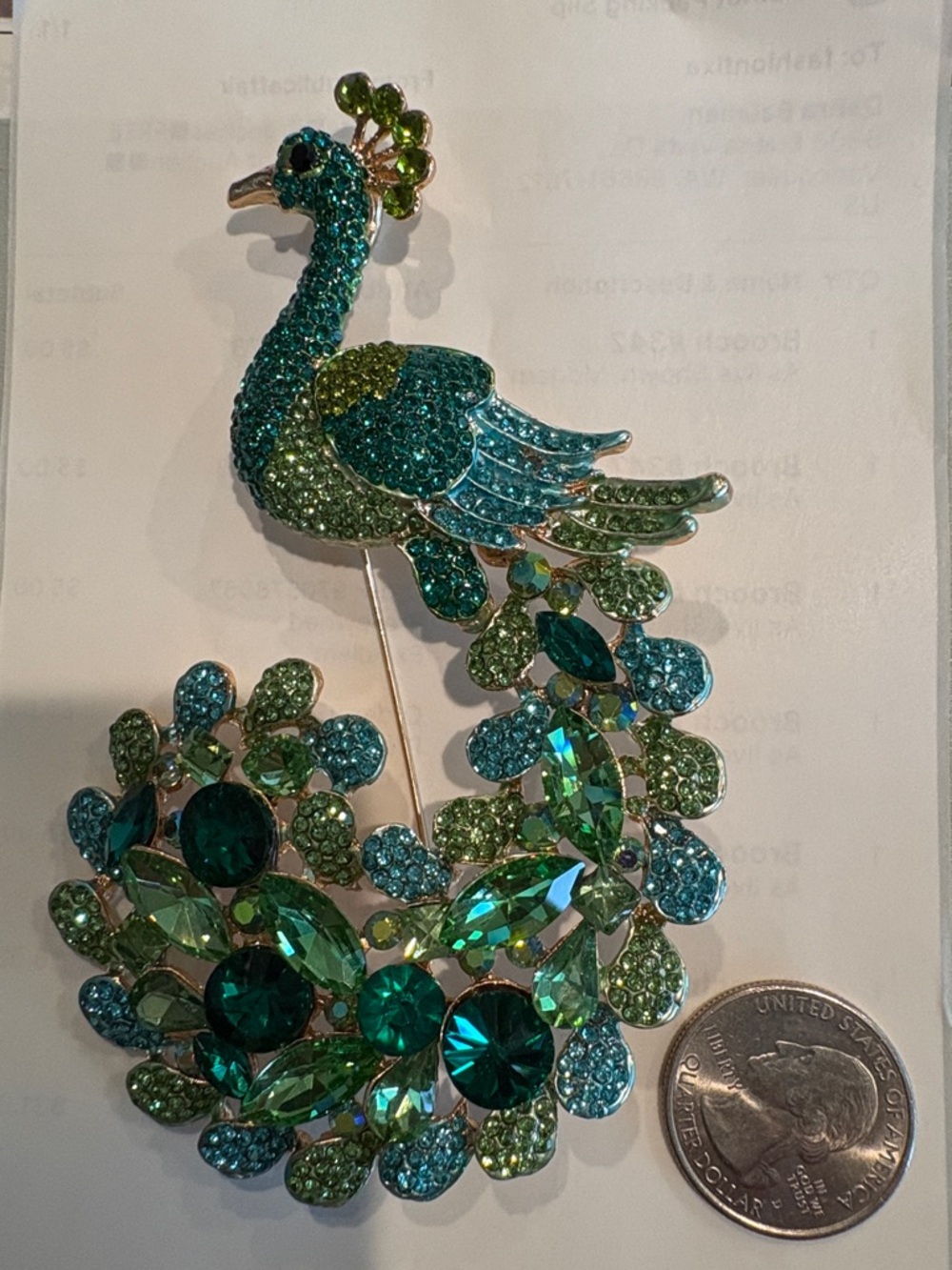 Green and Teal Crystal Peacock Brooch/Pendant